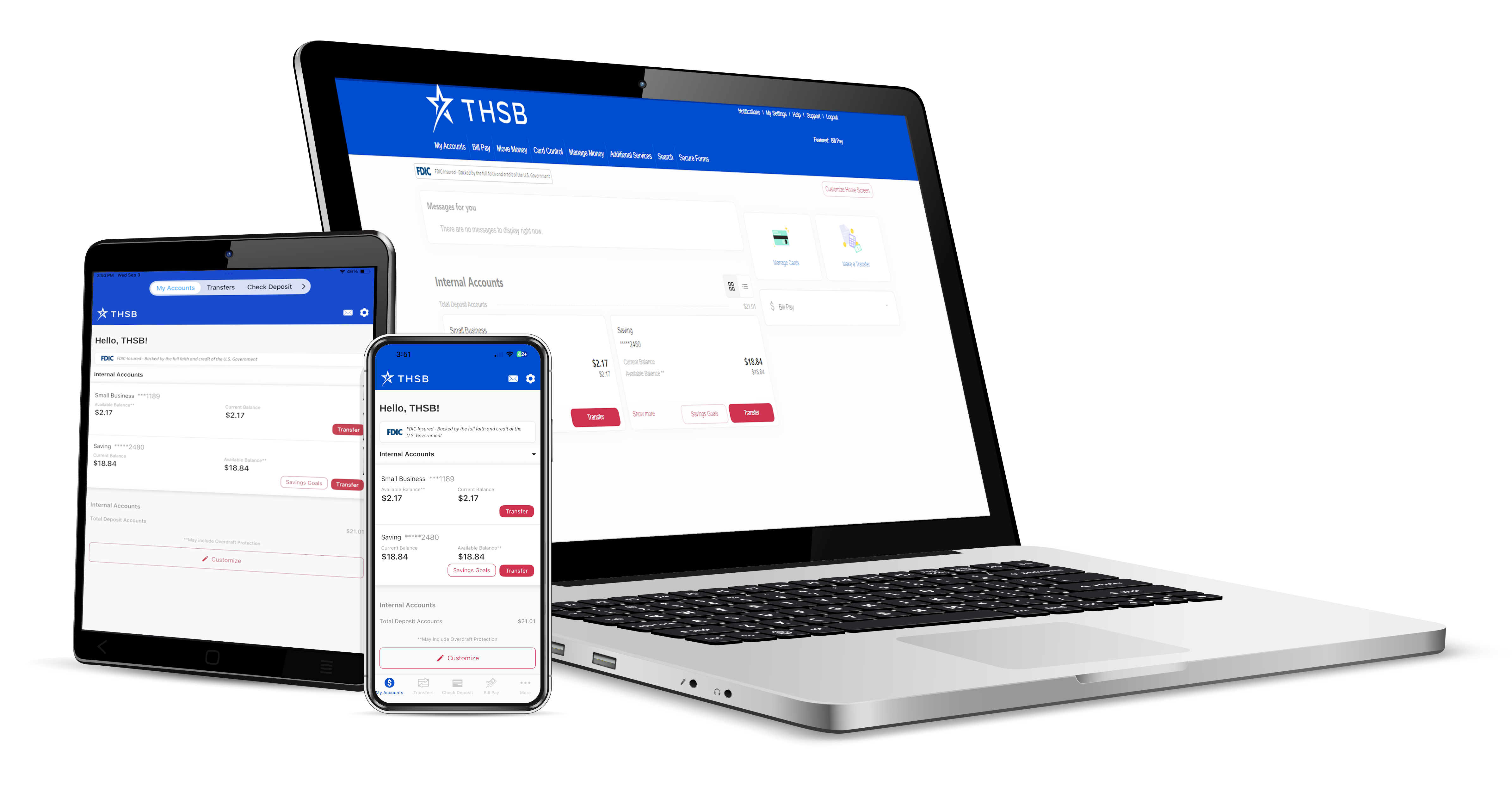 Phone, Laptop, and Tablet showing modern Online Banking